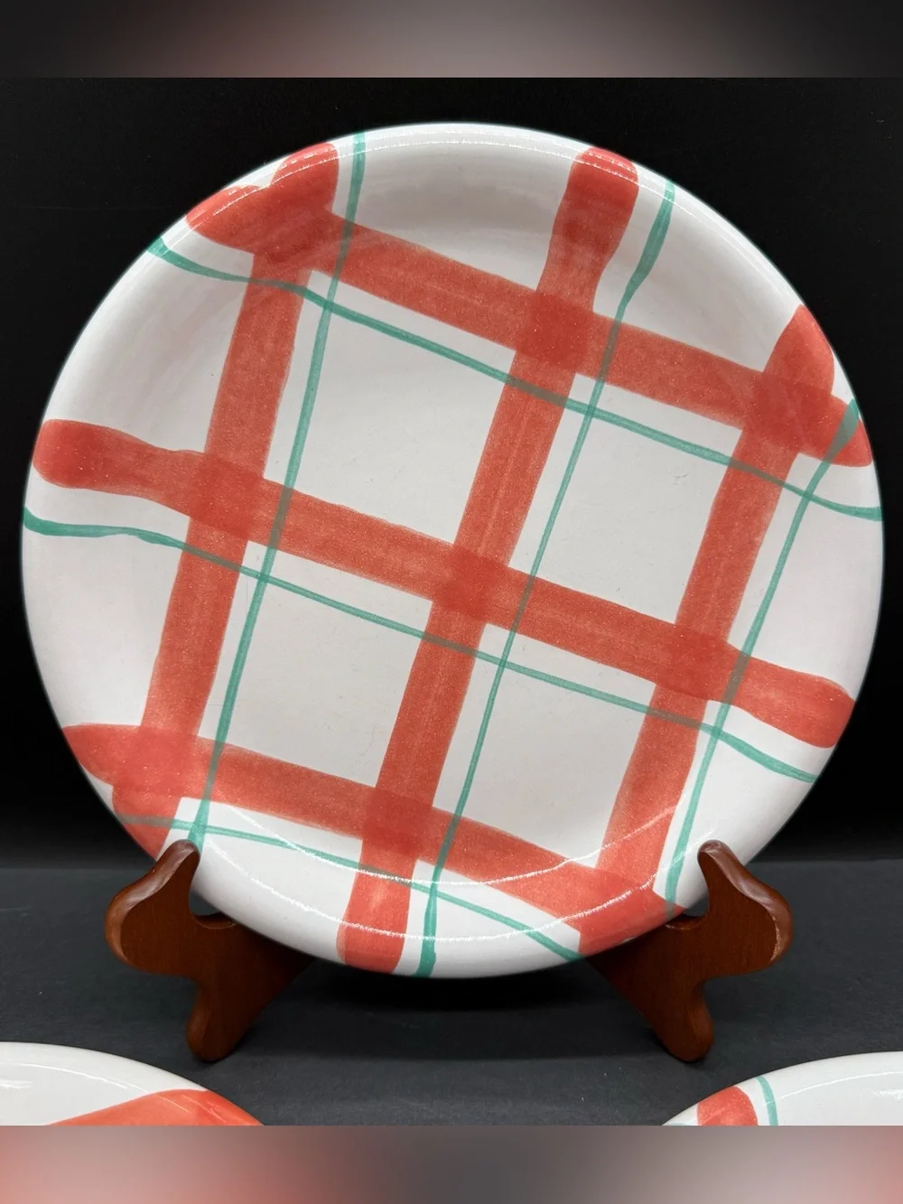 Crown Corning Orange Green Plaid Plate 9” Indonesia Stoneware Set of 3 Rare VTG